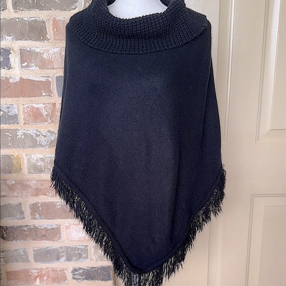 A.L.C. Black Fringed Sweater Knit Turtleneck Poncho One Size - Picture 1 of 8